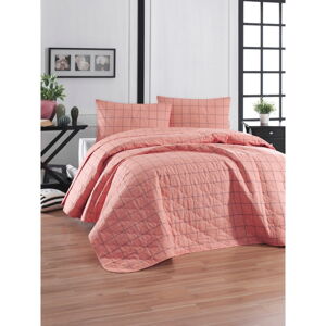 Ružová prikrývka cez posteľ s 2 obliečkami na vankúš z ranforce bavlny Mijolnir Piga, 225 x 240 cm