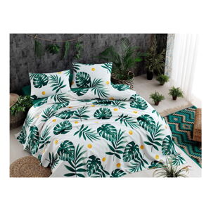 Set bavlneného plédu cez posteľ, plachta a 2 obliečky na vankúš Monstera Green, 200 x 235 cm