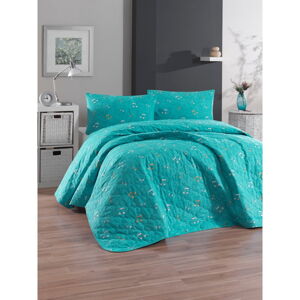 Zelená prikrývka cez posteľ s 2 obliečkami na vankúš z ranforce bavlny EnLora Home Snoker, 225 x 240 cm